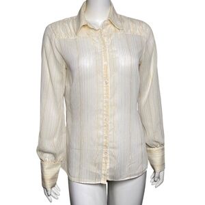 Dorothee Bis Button Up Shirt  Womens Size M Gold Metallic Stripes Semi Sheer